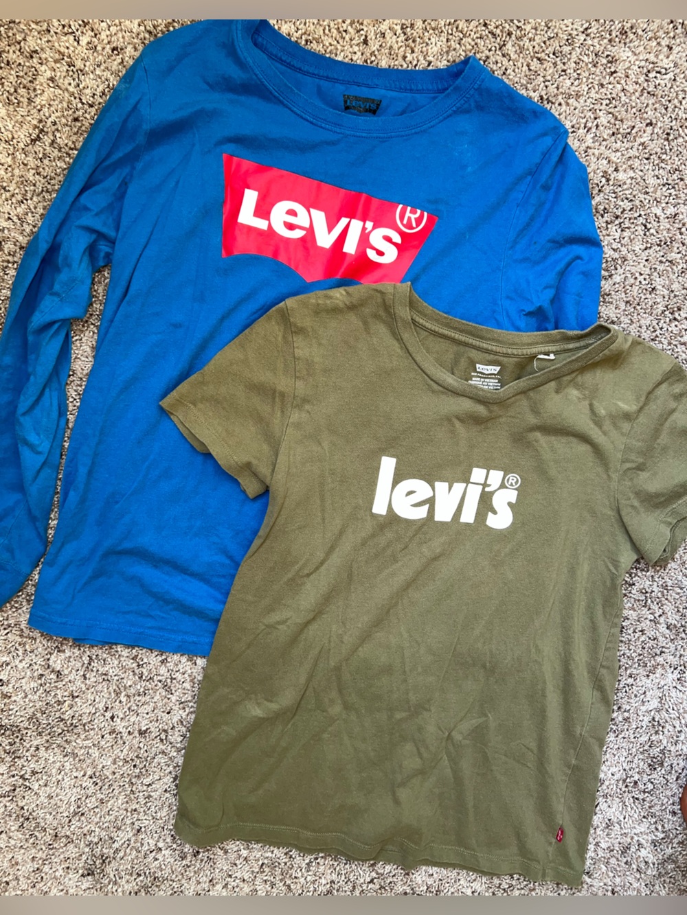 Levi's Bundle Olive Green Tee Womens XS & Blue Long-Sleeve Youth L